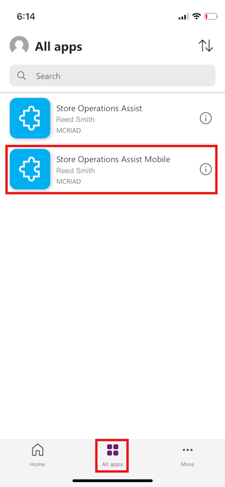 Screenshot of All apps, showing Store Operations Assist Mobile highlighted.