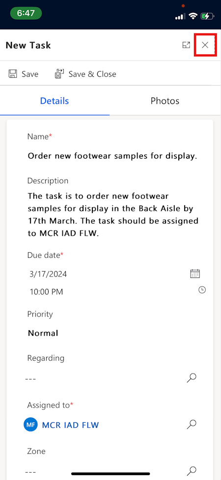 Screenshot of the New Task page with the Cancel icon highlighted.