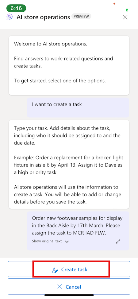 Screenshot of the task details entered with the Create task button highlighted.
