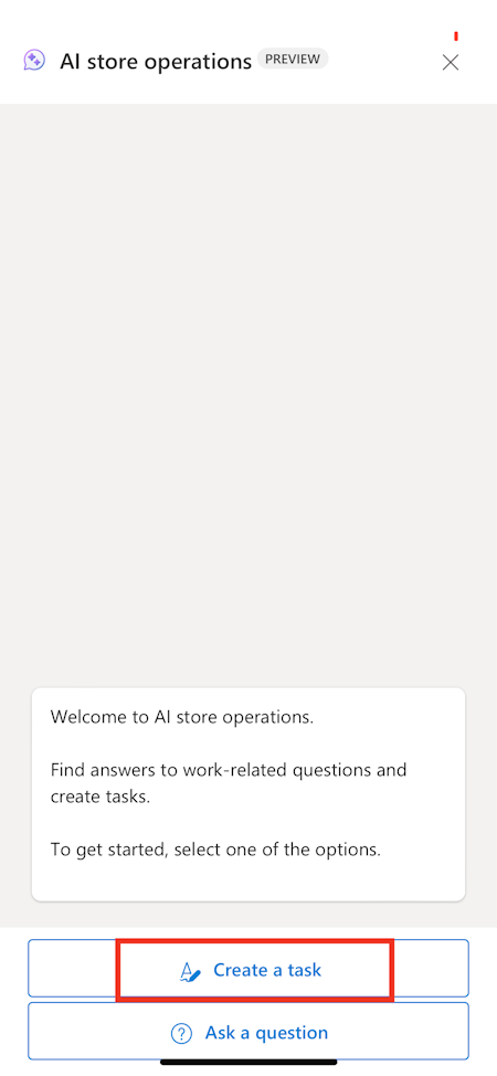Screenshot of A I store operations with the Create a task button highlighted.