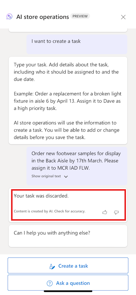 Screenshot of the message showing Your task was discarded.