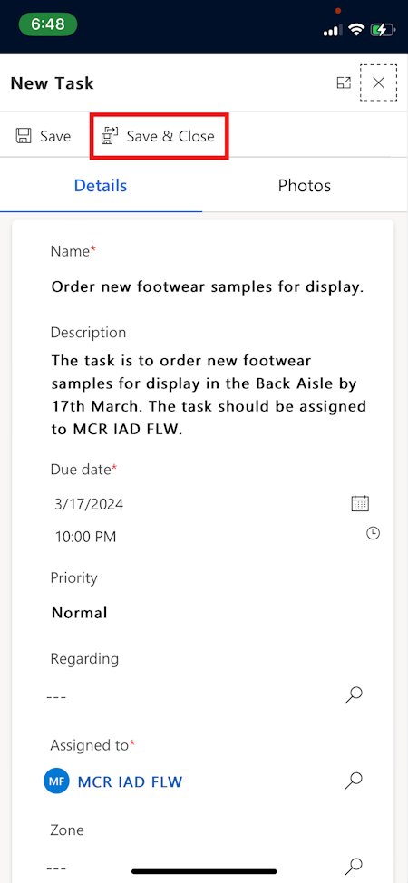 Screenshot of the New Task page with the Save and Close option highlighted.