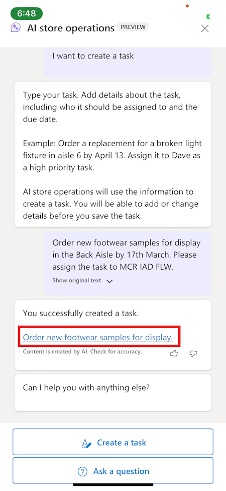 Screenshot of A I store operations showing the successfully created task with the link to it highlighted.