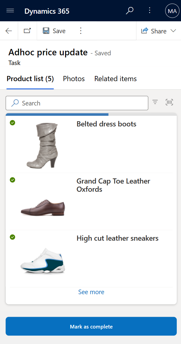 Screenshot of the completed Ad hoc price update task with the Mark as complete button showing.
