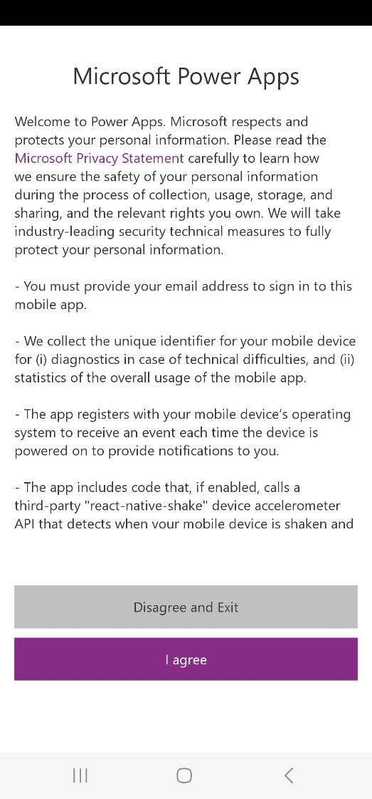 Screenshot of Microsoft Power Apps agreement.