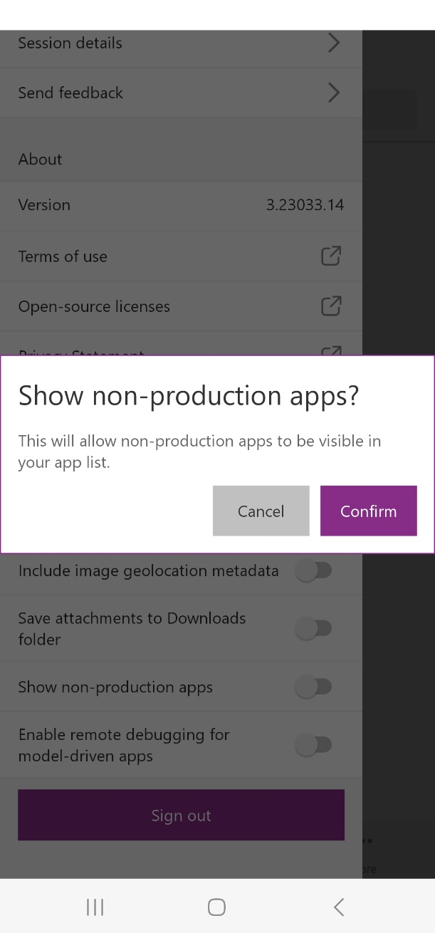 Screenshot of the Show non-production apps dialog asking whether to allow non-production apps to be visible in your app list.