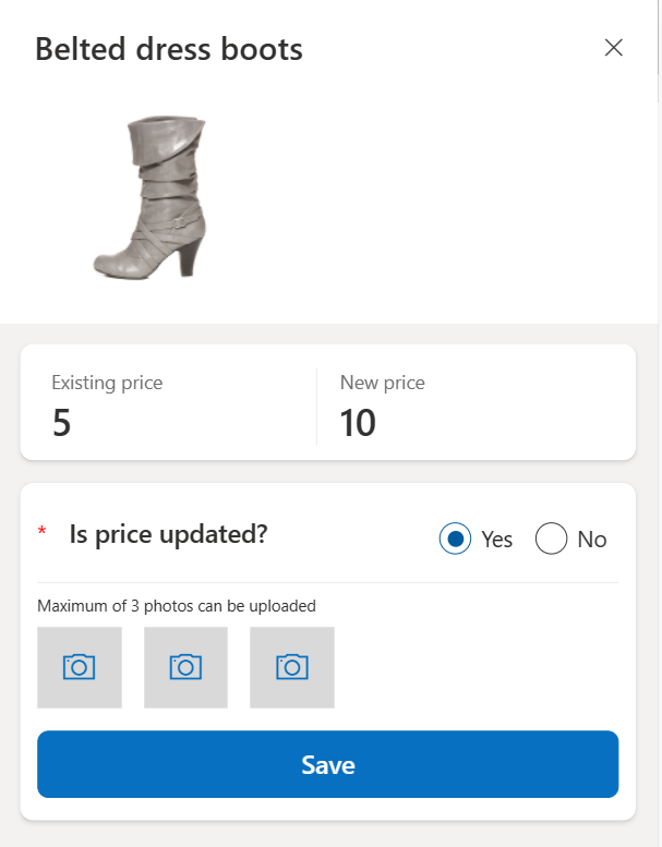 Screenshot of the price update form for the Belted dress boots product.