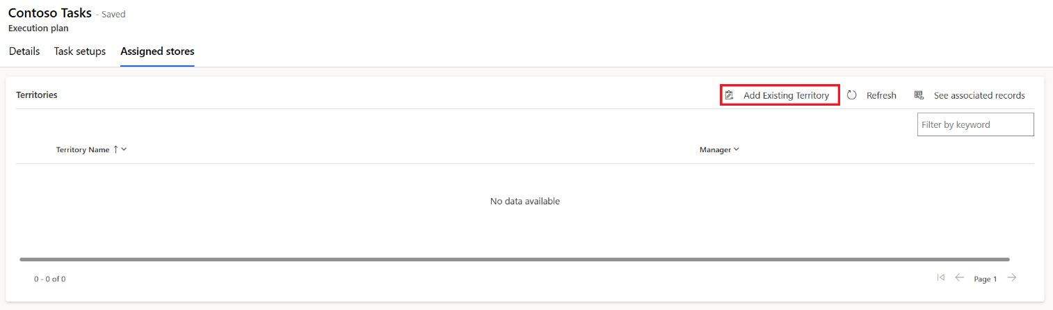 Screenshot of the Assigned stores tab with focus on the Add Existing Territory button.