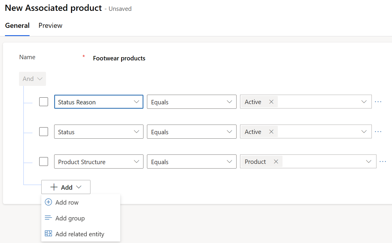 Screenshot of the General tab on the New Associated product page, showing the Add button selected to reveal the Add row option.