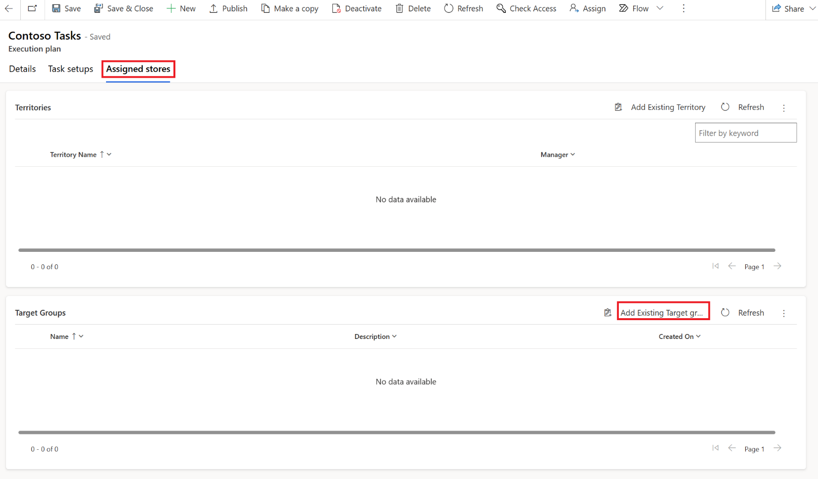Screenshot of the Contoso Tasks Execution plan page on the Assigned stores tab with focus on Add Existing Target group.