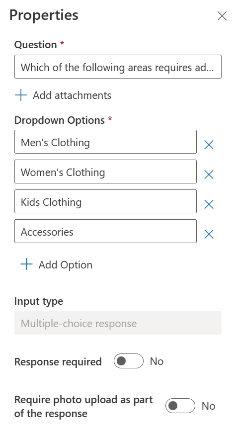 Screenshot of the properties for the Which areas require additional cleaning question.