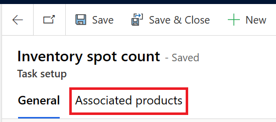 Screenshot of the Inventory spot count task setup with focus on the Associated products tab.