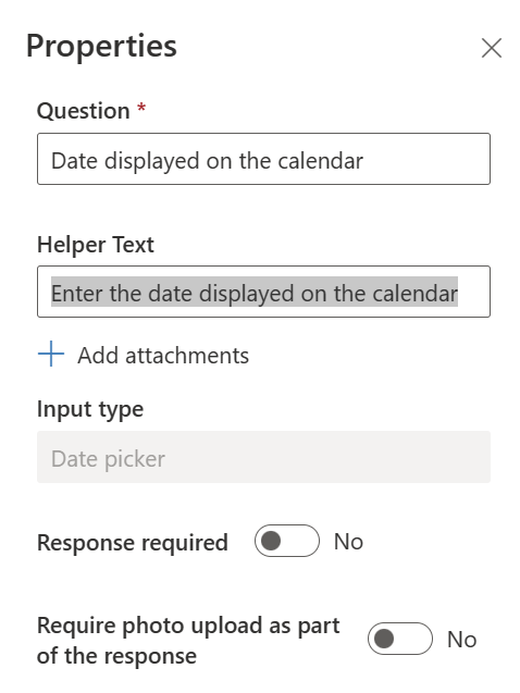 Screenshot of the properties for the Date displayed on the calendar question.