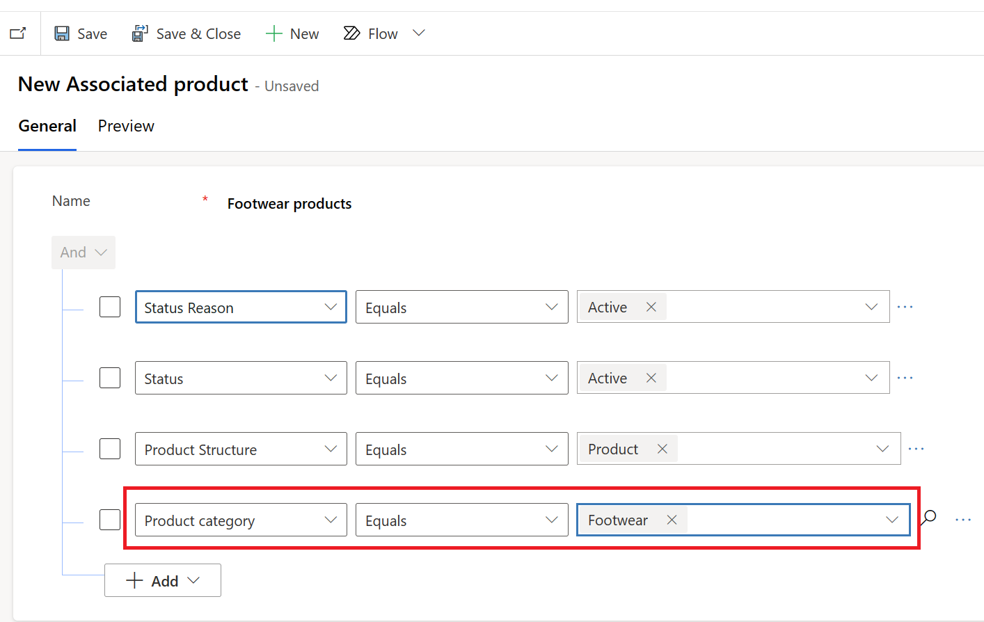 Screenshot of the New Associated product form with focus on Product category equals Footwear.