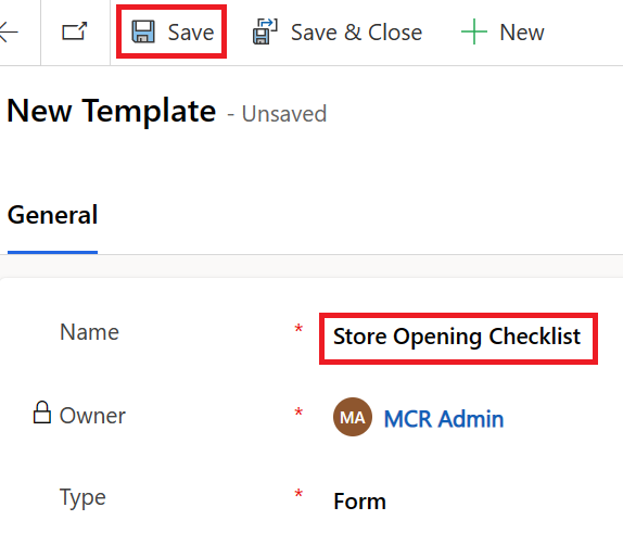 Screenshot of the new template with Store Opening Checklist highlighted.