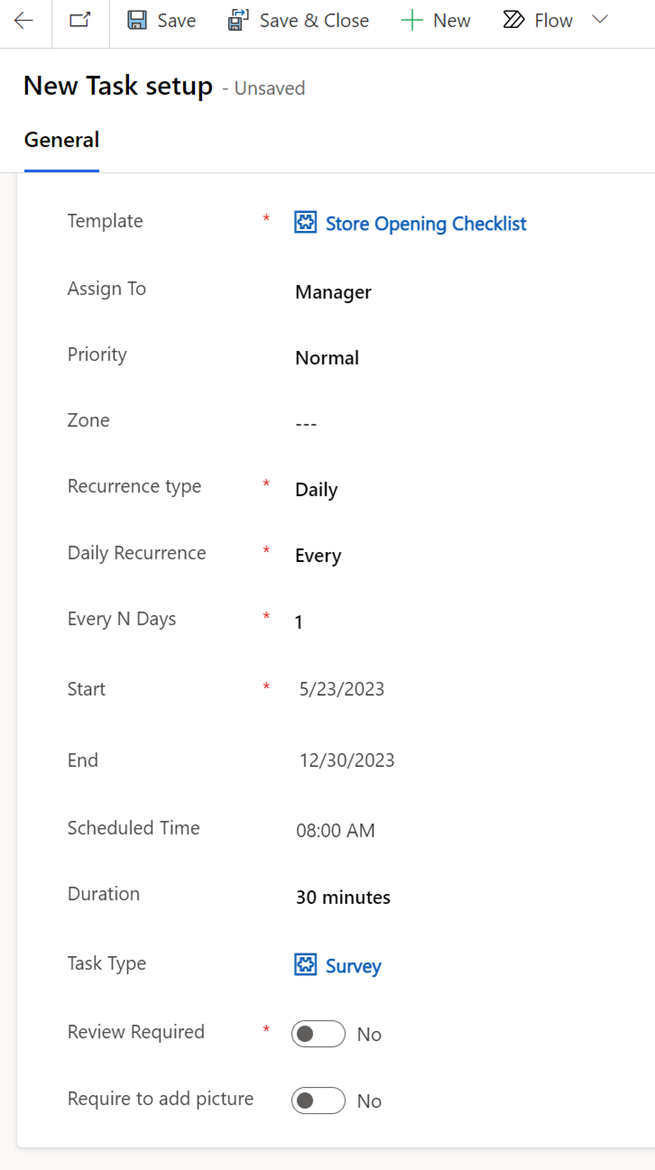 Screenshot of the New Task setup page, showing details entered on the General tab for the Store Opening Checklist task.