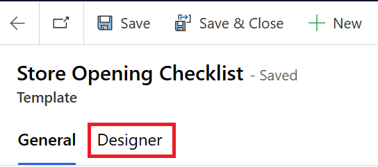 Screenshot of the Store Opening Checklist template with the Designer tab highlighted.