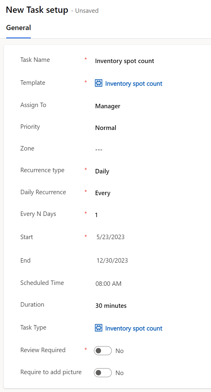 Screenshot of the Inventory spot count task setup with details filled in.