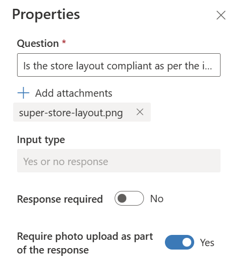 Screenshot of the properties for the Is the store layout compliant question.