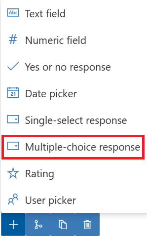 Screenshot of the plus sign selected to reveal options with focus on the Multiple-choice response option.