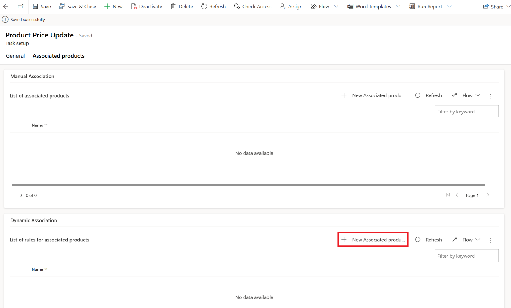 Screenshot of the New Associated products button for the Product price update task setup.