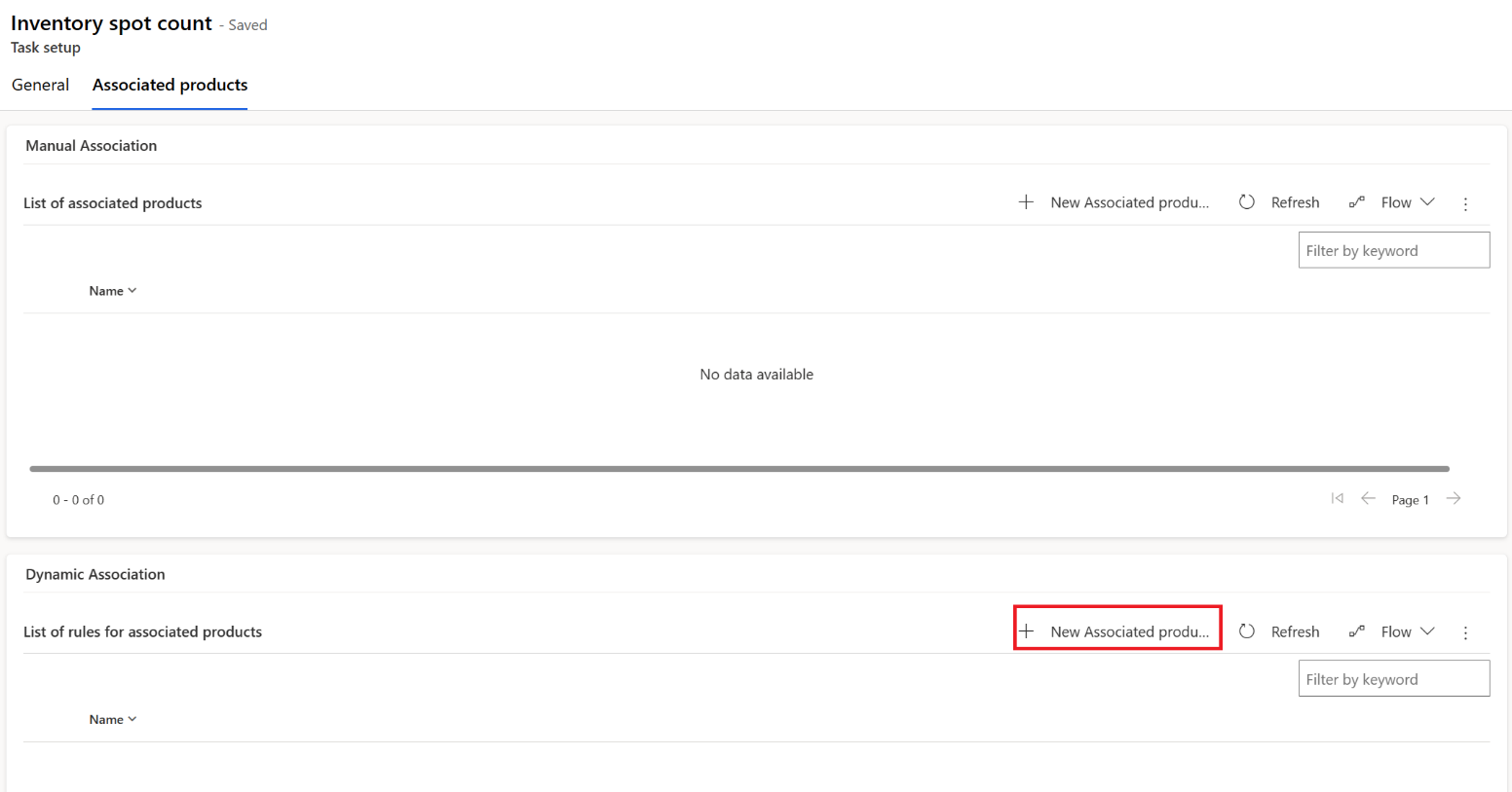 Screenshot of the Inventory spot count task setup on the Associated products tab with focus on the New Associated products button.