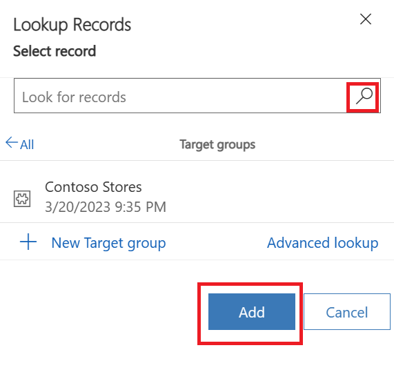Screenshot of the Lookup Records dialog with focus on the search icon and the Add button.