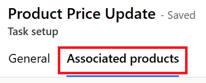 Screenshot of the Product price update task setup with focus on the Associated products tab.