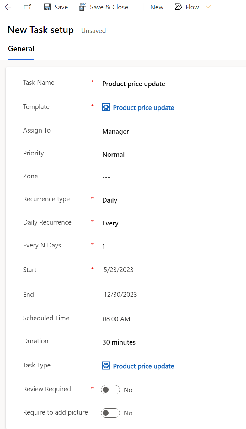 Screenshot of the completed Product price update task setup.