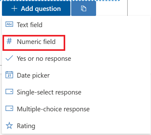Screenshot of Add question selected to reveal options with focus on the Numeric field option.