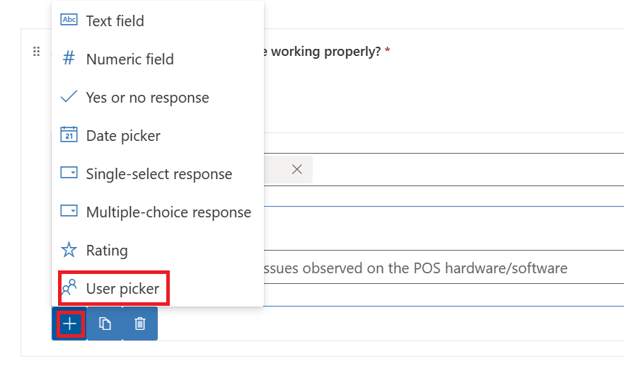 Screenshot of the plus icon selected to reveal the options with User picker highlighted.