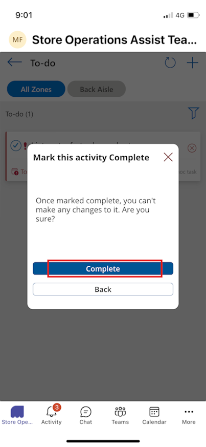 Screenshot of the Mark this activity Complete prompt with the Complete button highlighted.