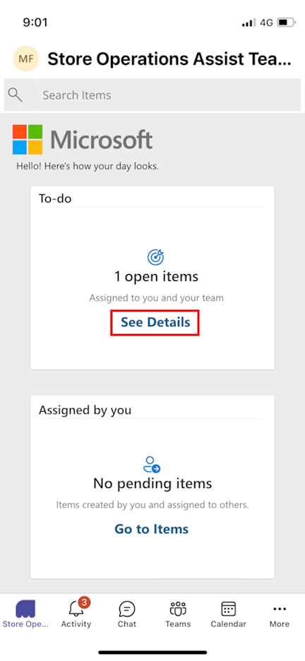 Screenshot of Store Operations Assist within Teams with the To-do list showing one open item and with the See Details action highlighted.