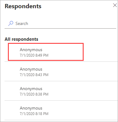 Screenshot of a list of all respondents for a survey in Customer Voice with one response highlighted.