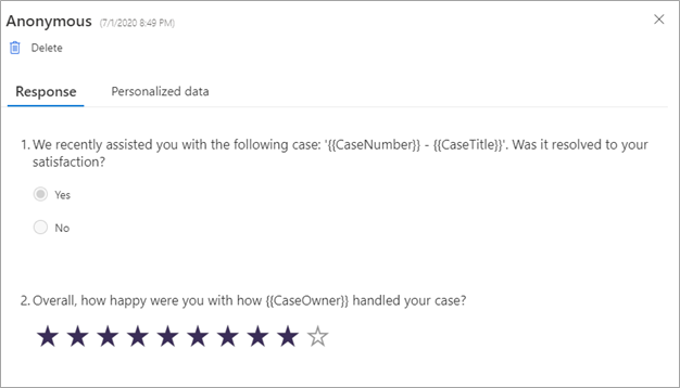 Screenshot of a survey response in Customer Voice with responses to two questions displayed.