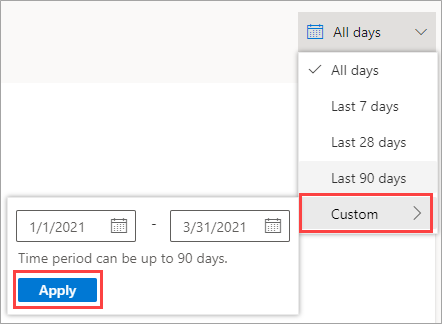 Screenshot of the filter date control open in Customer Voice, showing the Custom option and a date selected in the Start Date and End Date fields. The Apply button is highlighted.