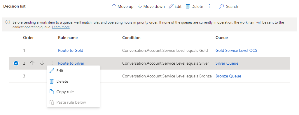 Screenshot of the Decision list, showing the Route to Silver rule being hovered over.