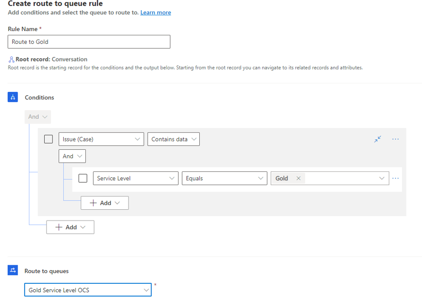 Screenshot of the Create route to queue rule for when Service Level equals Gold.
