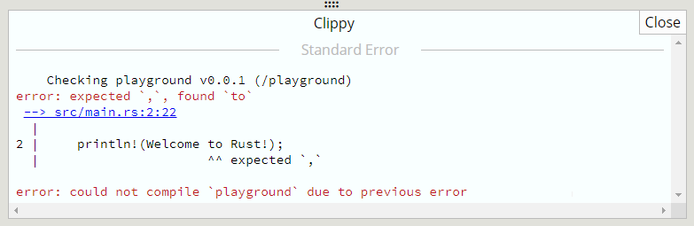 Screenshot of the Clippy tool results in the Rust playground.