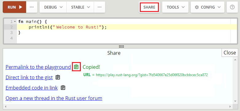Screenshot that shows how to use the Share feature in the Rust playground.
