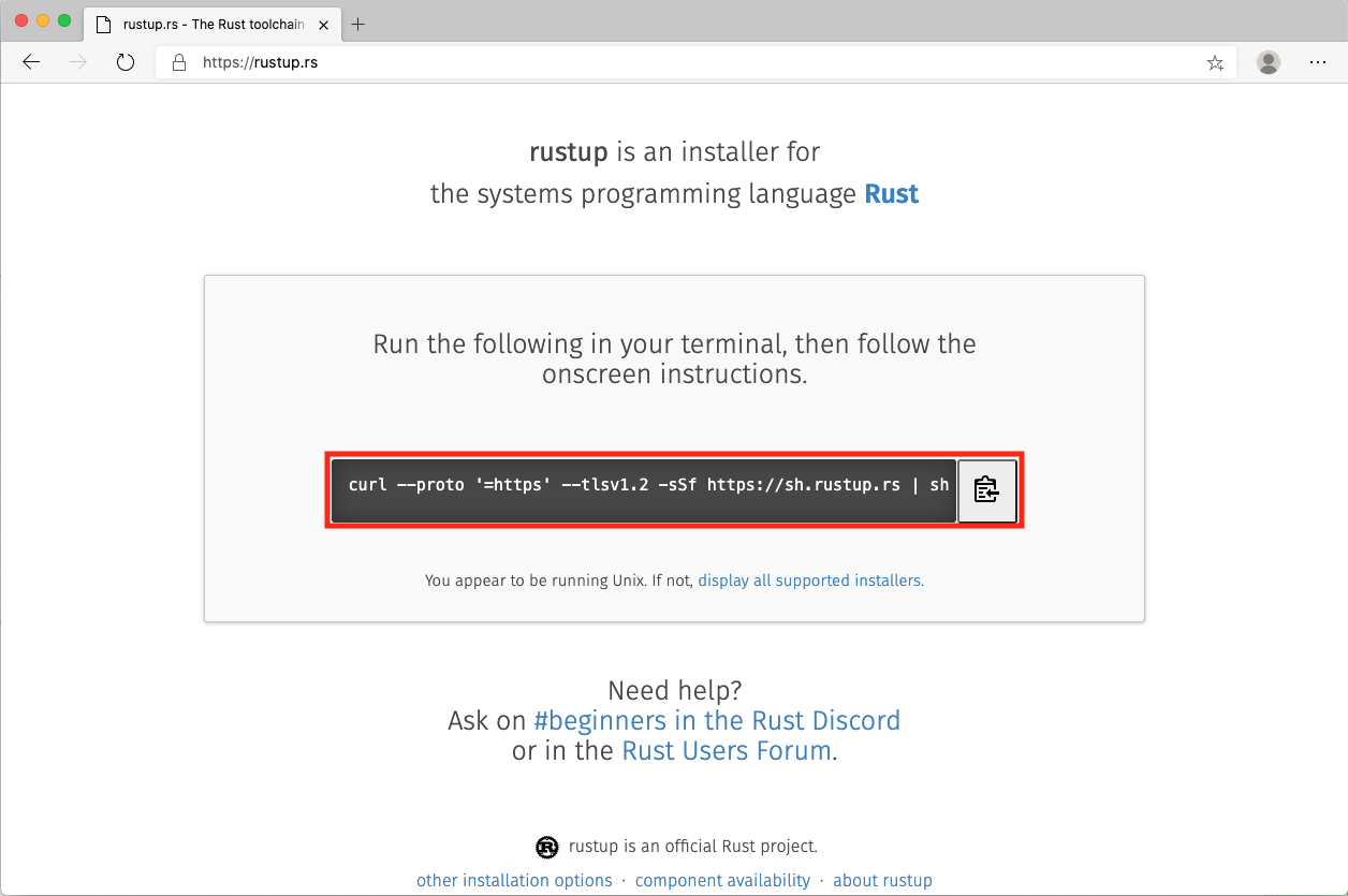 Screenshot of the rust up installer website.