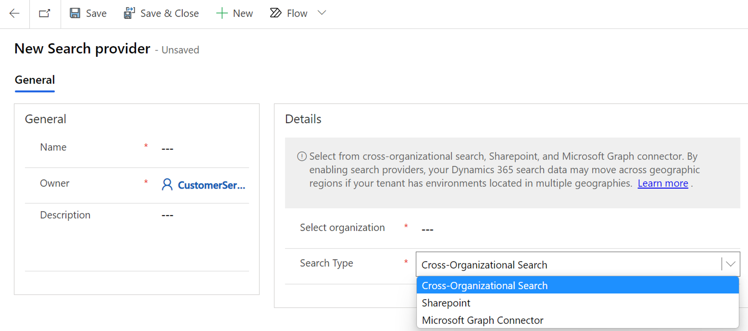 Screenshot of the Search Type menu with Cross-Organizational Search selected.