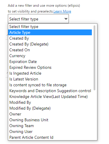 Screenshot of the list of filter types that are available.