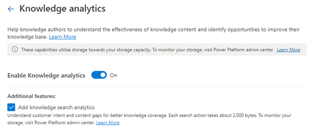 Screenshot of the Enable Knowledge analytics toggle set to On.