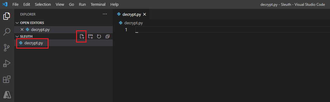 Screenshot of how to create a new file called decrypt dot p y.
