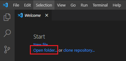 Screenshot that shows how to open a folder in Visual Studio Code.