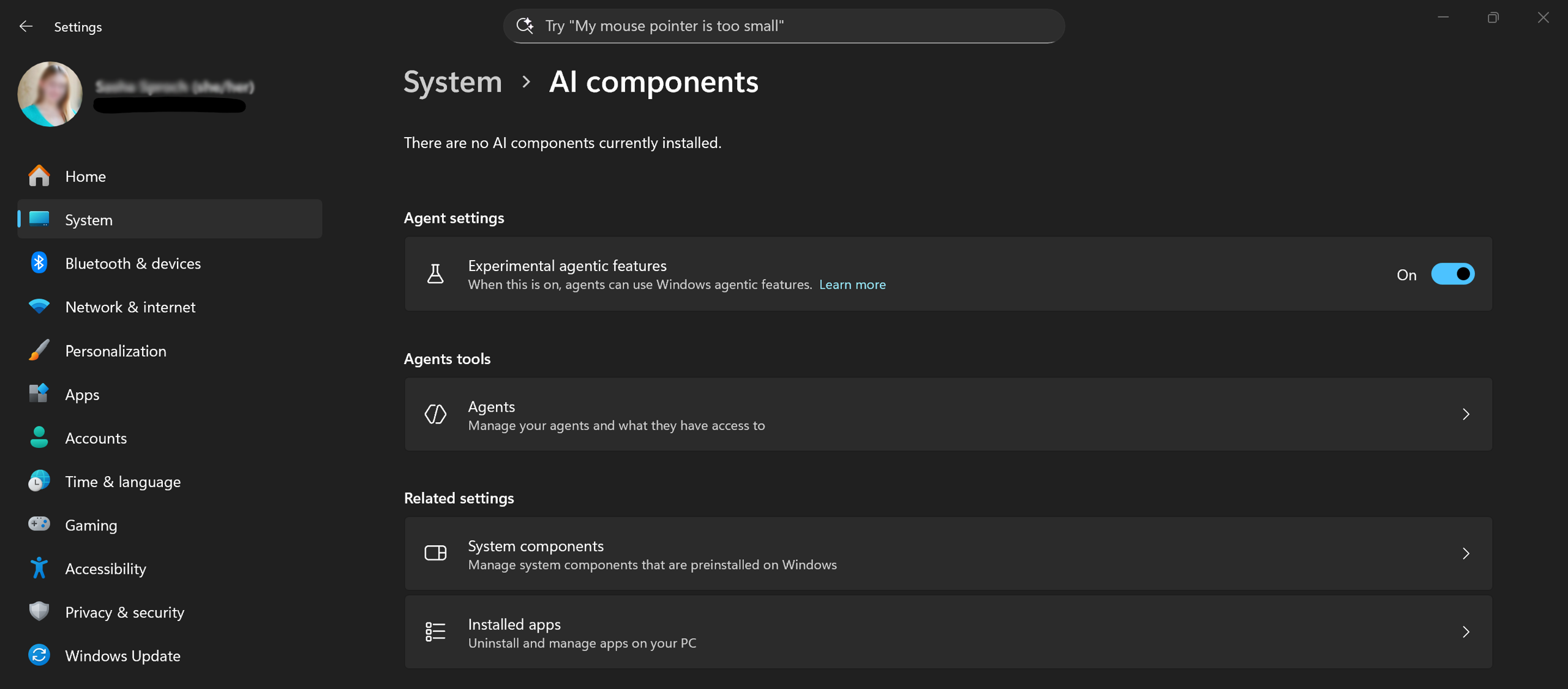 Screenshot of Windows AI component settings used to manage agent features and AI-related capabilities.