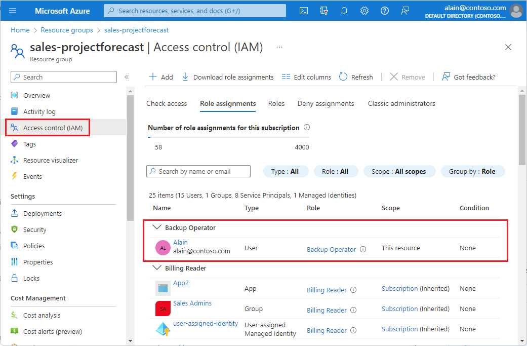 Captura de pantalla de Azure Portal que muestra el panel Asignación de roles de control de acceso con la sección Operador de copia de seguridad resaltada.