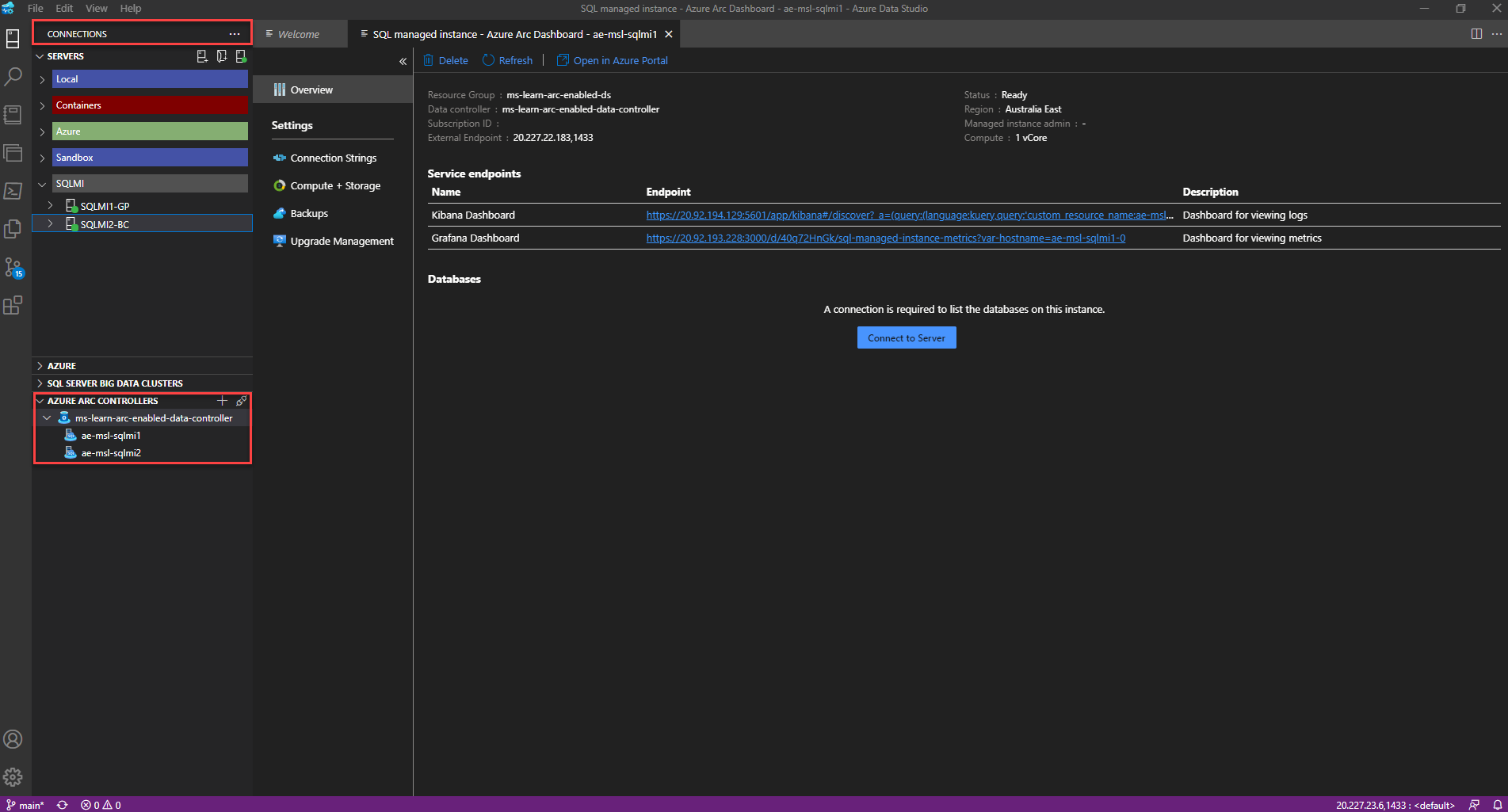 Screenshot of Azure Monitor – Arc-enabled SQL Managed Instance Manage - Grafana endpoint.