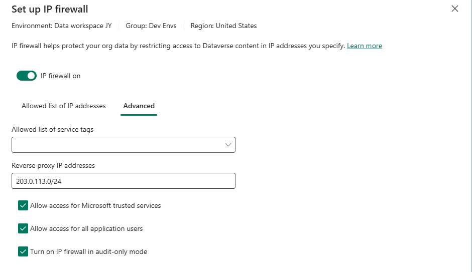 Screenshot of the IP firewall configuration page in the Power Platform admin center.